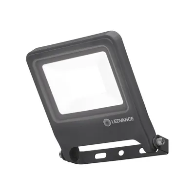 A dark gray LED floodlight with a white light panel, mounted on a black bracket, is shown against a white background.