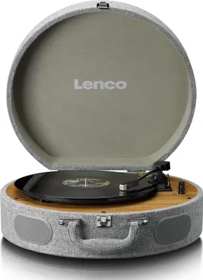 A retro-style turntable with the lid open, showing the record and tonearm.