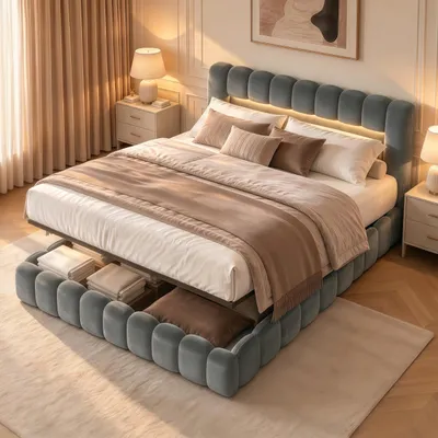 Produktbild von SUNFECILI Polsterbett 180x200 cm,Boxspringbett 180x200,mit Lattenrost,Weicher Rückenlehne und Kopfteil,USB,LED,Baumstumpfbett,Doppelbett,Samt,Grau