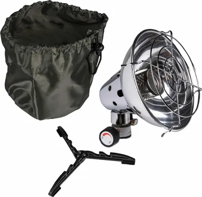 A camping heater with a carrying bag and a tripod stand, displayed on a white background.