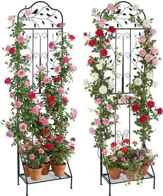 Produktbild von 2er Set Rankgitter Metall, 3 in 1 dekorativer Gartenzaun & Blumenregal & Pflanzstütze, freistehende Rankhilfe mit Sockel, Spalier Garten, Rankspalier für Kletterpflanzen Blume Gemüse (Schwarz)