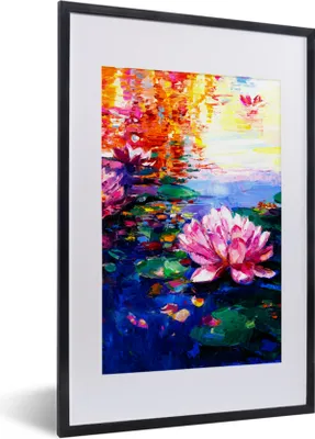 Produktbild von MuchoWow® Gerahmtes Poster Gemälde - Öl - Seerose - Wasser 40x60 cm - Poster mit Schwarzem Bilderrahmen Wandposter Rahmen Foto Bilder - Poster in Rahmen