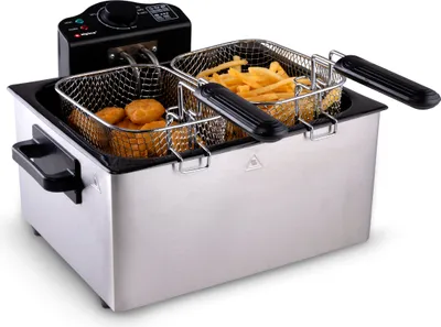 Produktbild von alpina Friteuse Groß 5 Liter Doppelte Fritteuse mit 3 Frittierkörben, 1x Groß und 2x Klein - Friteusen Einstellbar bis 190 °C - Fritöse mit 2000W - Edelstahl Fritteuse