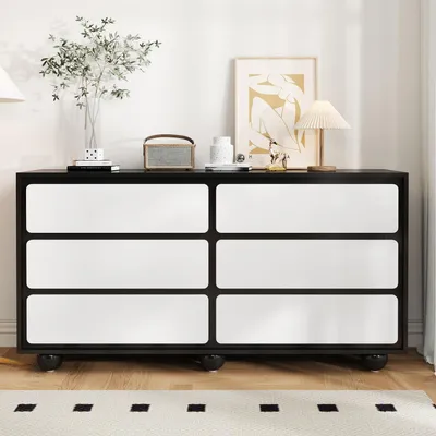Obrázok produktu pre Komoda, vysoký lesk, 6 zásuviek, 140x38x74,5 cm, čierno-biela