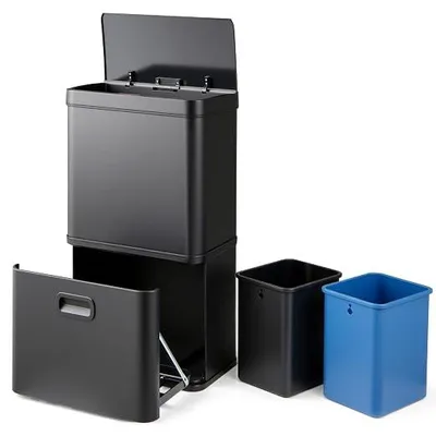 Imagen del producto de Cubo de basura con 3 compartimentos, 2 x 10 litros + 36 litros, 56 litros. Cubo de basura eléctrico con 2 contenedores extraíbles, sistema de separación de residuos con sensor y tapa de cierre suave, para cocina u oficina ()