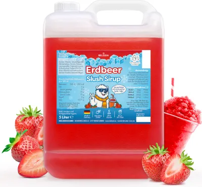 Produktbild von Belissia Slush Eis Sirup 5L Konzentrat | Erdbeer Geschmack | sehr ergiebig in knalligen Farben (1:5) | Glycerin frei