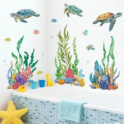Produktbild von Wandaufkleber Unterwasserwelt, selbstklebendes Vinyl, für Kinderzimmer, Meeresschildkröten und Koralle