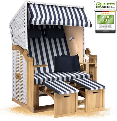 Produktbild von Strandkorb Ostsee 2-Sitzer 120cm breit in Weiß Blau Blockstreifen montiert, ideal für Balkon, Terrasse oder Garten