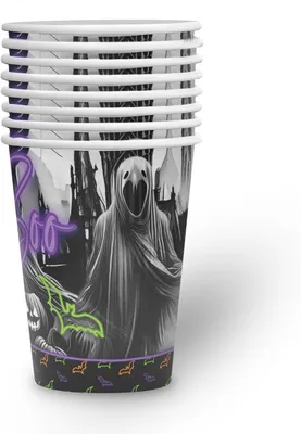 Produktbild von Pappbecher Halloween 250 ml, 8 Stück, Schwarz Neon Geist, Einweg Trinkbecher