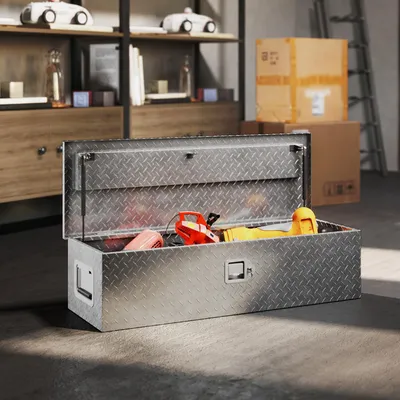 Produktbild von Aluminium Werkzeugkasten LKW, Aufbewahrungsbox Anhänger, Diamantblech, Silber | 99 x 33 x 25,5 cm | 7,7 kg | Schloss & Gasdruckdämpfer