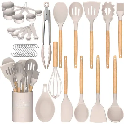 Productafbeelding van Siliconen keukenhulpjes set, 24-delig, khaki kleur, met accessoirehouder, hittebestendig, vaatwasmachinebestendig