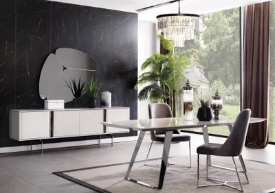 Obrázek produktu pro Esszimmer Gruppe Set Tisch 4x Stühle Anrichte Spiegel 7tlg. Grau Essgarnitur