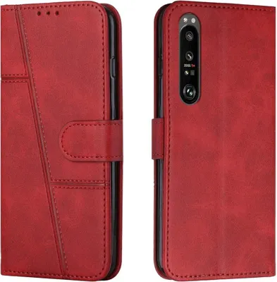 A red leather phone case for a Sony Xperia 1 III.