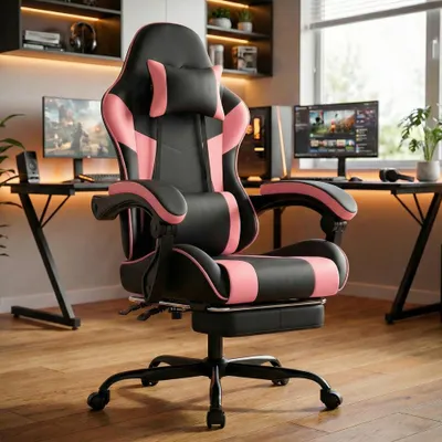 Produktbild von Gaming Stuhl Ergonomisch Verstellbar Kunstleder Bürostuhl Lendenstütze 200KG Schwarz Weiß