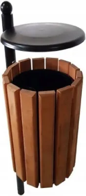 An outdoor trash can with a wooden exterior and a black lid.