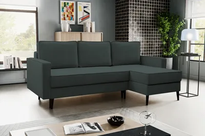 Zdjęcie produktu dla BESILIO Narożnik rozkładany trzyosobowy 227 cm Kebbo -Narożnik z funkcją spania i pojemnikiem na pościel, Tkanina miękka-ciemnoszary & Curio 97, Prawy