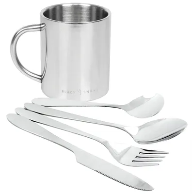 Produktbild von Edelstahl Thermobecher mit Campingbesteck Set für 1-4 Personen