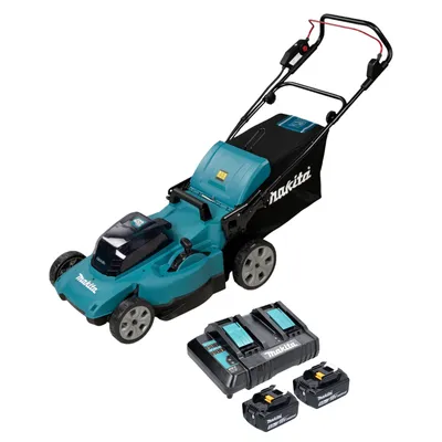 A teal and black Makita cordless lawnmower with two batteries and a charger, shown on a white background.
