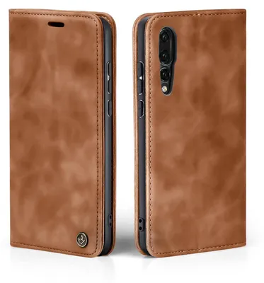 A brown leather flip case for a smartphone is shown from two angles.