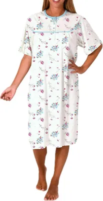 Produktbild von Klassisches Damen Nachthemd kurzarm fraulich – 105 cm lang mit Knopfleiste am Hals ; hellblau , 40