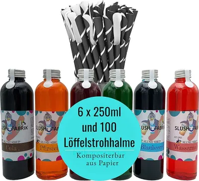 Produktbild von Sirup Partyset AZO FREI 6 x 250ml und 125 Löffelstrohhalme aus Papier für Slush, Getränke | Slushy Eis selber machen | Slushmaschine Konzentrat 1:5, Keine Zugabe von Zucker notwendig