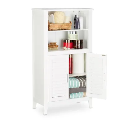 Image de Armoire de salle de bain blanche LAMELL de Relaxdays, armoire de salle de bain en bambou, meuble pour téléphone, dimensions : 92 x 50 x 25,5 cm