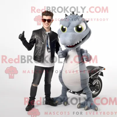 Productafbeelding van Mascottefiguur REDBROKOLY van een grijze gekko gekleed met een motorjack en stropdassen
