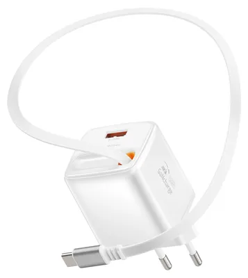 Image de Swissten, chargeur USB-A 45 W avec câble USB-C rétractable intégré de 0,75 m, blanc