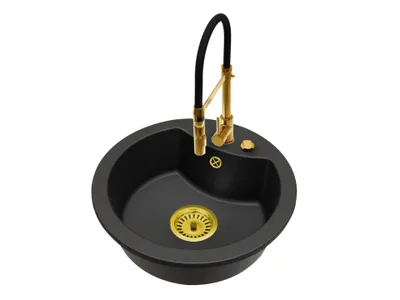 Produktbild von Mila Einbecken-Granitspüle mit Küchenarmatur Vento Gold und automatischem Siphon