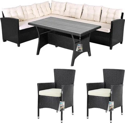 Produktbild von CASARIA® Polyrattan Ecklounge Set WPC Esstisch Ecksofa 2 Gartenstühle Sitzauflagen Kissen Wetterfest Outdoor Lounge Garten Terrasse Balkon Möbel, Farbe:schwarz
