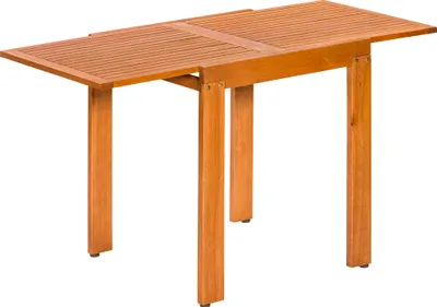 A wooden table with slatted top and four legs, shown against a white background.