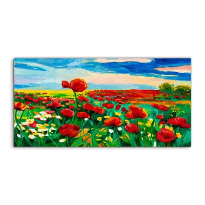 Produktbild von Coloray - Glasbild - 100x50 cm - Wandbild - Glasbilder - Deko Natur landschaft Mohn Blume wiese