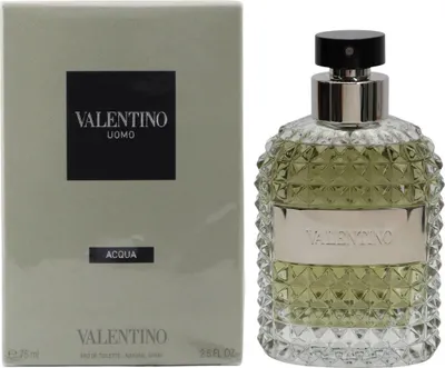 Valentino Uomo Acqua Eau de Toilette mit 75 ml, grüne Box und elegant facettierter Flakon mit silberner Plakette und schwarzem Sprühkopf.