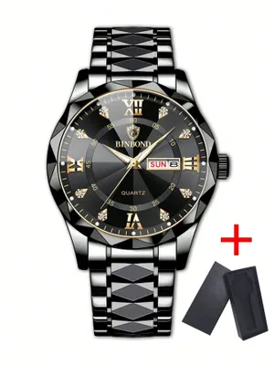 A product shot of a men's wristwatch with its packaging and a red plus sign.