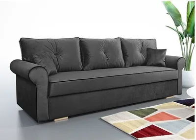 Produktbild von Schlafsofa TOP, Sofa mit Schlaffunktion und Bettkasten, Klappsofa, Schlafcouch mit schwarzen Knöpfen, Couch in Frabe: Dunkelgrau, Couchgarnitur: Velourstoff