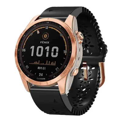 Produktbild von FFO2World Silikonarmband – QuickFit 20 – Für Garmin Fenix 5S/6S/7S/8 (43 mm) – Armband mit Blumenmuster – Schwarz