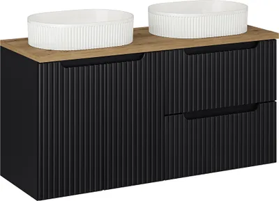 Produktbild von Doppelwaschtisch 120cm, in schwarz mit Eiche, gerillte Front, NEWPORT-56-BLACK