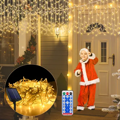 Productafbeelding van XMTECH 10 meter zonne-energie LED gordijn met 400 LED's, warm wit licht, 13 lichtmodi, IP44 waterdicht, geschikt voor de tuin