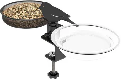 Produktbild von Vogelhaus mit Trinkbehälter, 2-in-1, zum Aufhängen am Balkon. Futterstelle für Wildvögel aus Metall