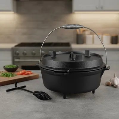 Produktbild von Mucola Dutch Oven inkl. Deckelheber Potjie BBQ Gusseisen Feuertopf Schmortopf für Lagerfeuer Camping Grill Bräter - 30 x 16,5 cm