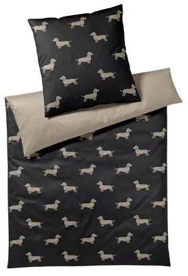 Produktbild von elegante Mako-Satin-Bettwäsche-Garnitur Dogs Farbe Schwarz-Beige Größe 140x200+70x90