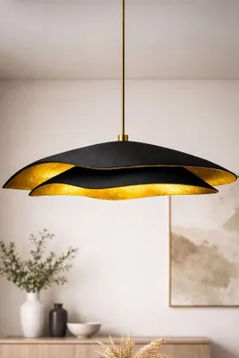 Produktbild von Opviq, Moderne Pendelleuchte aus Carbonbeton, Schwarz und Gold, Höhenverstellbar 20-65 cm, Ø50 cm, E27 Fassung, IP20, Elegantes und abstraktes Design für jeden Raum.