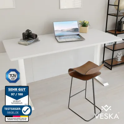 Produktbild von Výškovo nastaviteľný stôl (140 x 70 cm) - Sit & Stand Desk - Kancelársky stôl s elektrickým nastavením výšky s dotykovou obrazovkou a oceľovými nohami - biely/biely