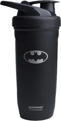 A black Smartshake Reforce Stainless Steel bottle with a Batman logo.
