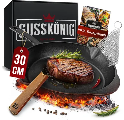 Produktbild von GUSSKÖNIG Gusseisenpfanne - 30cm Pfanne Gusseisen - Grillpfanne Gasgrill - Eingebrannte Gusseisen-Pfanne - Cast Iron Pan - Robuste Gusspfanne