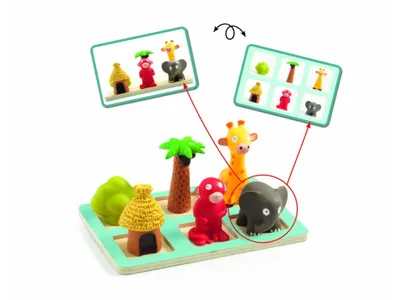 A Djeco Eduludo Spacio learning game with wooden animal and building pieces on a tray, with two instructional cards showing different arrangements.