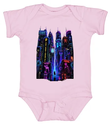 Zdjęcie produktu dla Cyberpunk, neonowy skyline miasta, futurystyczne miasto, Japonia, styl Y2K, body, różowy, rozmiar 0/3
