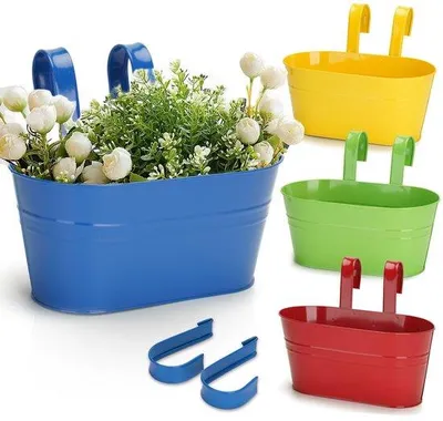 Image de Pots suspendus en métal colorés pour fleurs, 27 cm, grands, avec crochet et tablette, pour balcon