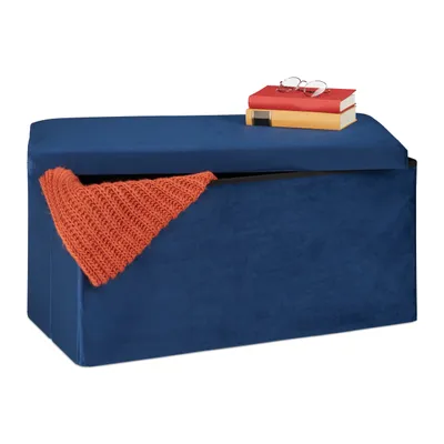Produktbild von Relaxdays Sitzbank mit Stauraum, Samtbezug, 80 L, Flur, Wohnzimmer, gepolstert, faltbar, Truhenbank, 38x77x39 cm, blau