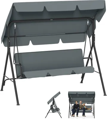 Produktbild von UISEBRT 3-Sitzer Hollywoodschaukel Anthrazit, 193x110x152cm mit verstellbarem Sonnendach, Komfortkissen und Anti-Rutsch-Füßen, bis 200 kg, wetterfeste Gartenschaukel für Garten und Balkon